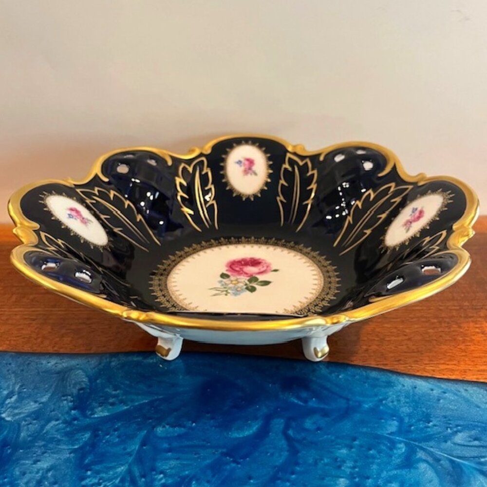 Reichenbach Echt Kobalt Blue 11" Cabbage Rose Footed Serving Bowl